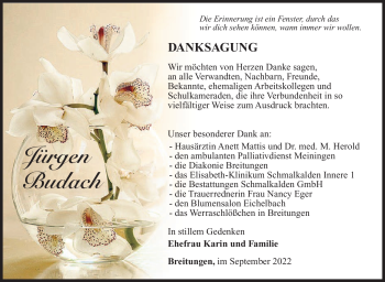 Traueranzeige von Jürgen Budach von Südthüringer Presse