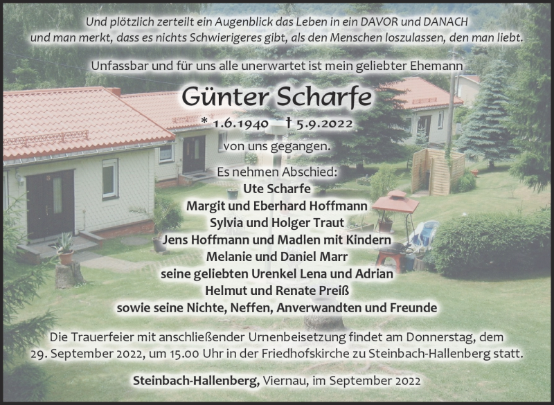  Traueranzeige für Günter Scharfe vom 24.09.2022 aus Südthüringer Presse