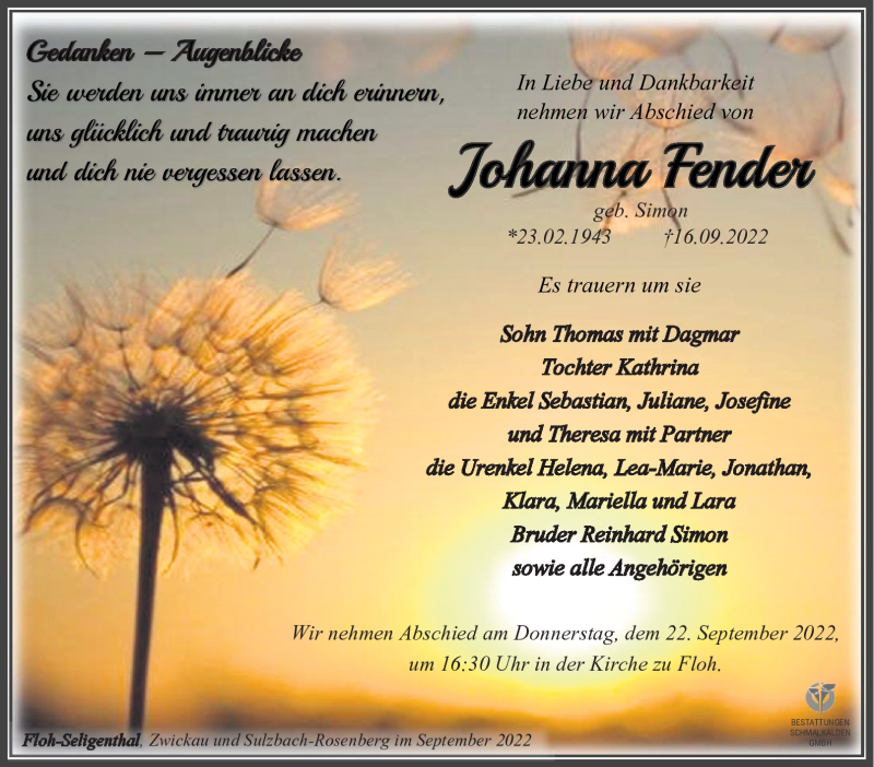  Traueranzeige für Johanna Fender vom 21.09.2022 aus Südthüringer Presse