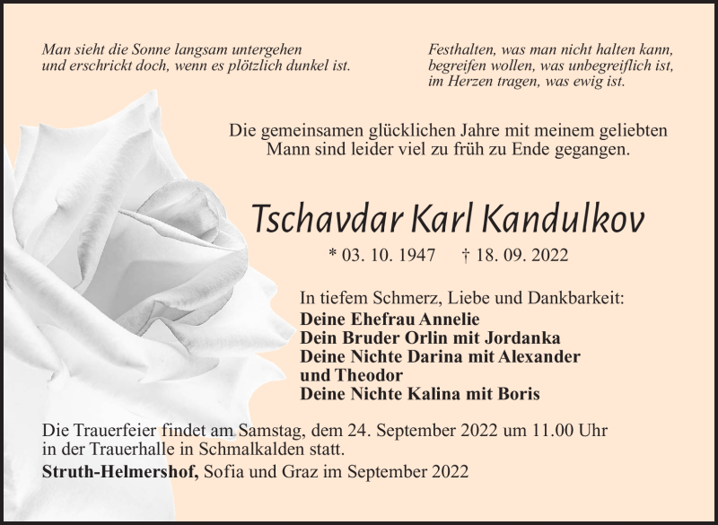  Traueranzeige für Tschavdar Karl Kandulkov vom 22.09.2022 aus Südthüringer Presse