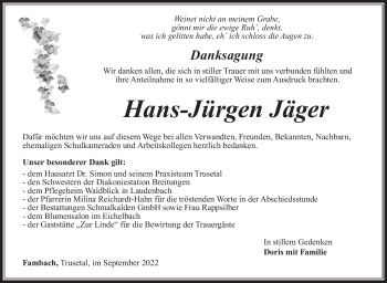 Traueranzeige von Hans-Jürgen Jäger von Südthüringer Presse