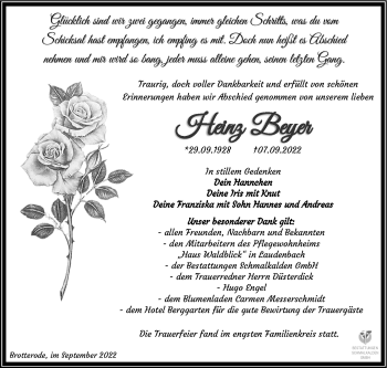 Traueranzeige von Heinz Beyer von Südthüringer Presse