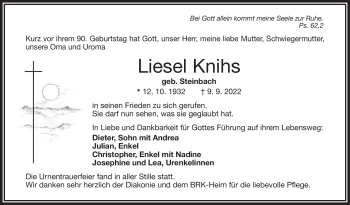 Traueranzeige von Liesel Knihs von Frankenpost
