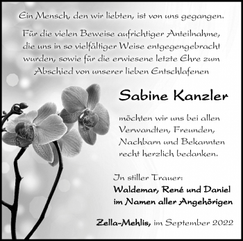 Traueranzeige von Sabine Kanzler von Südthüringer Presse