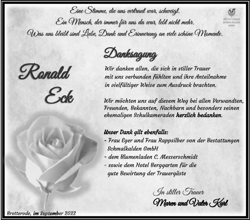  Traueranzeige für Ronald Eck vom 24.09.2022 aus Südthüringer Presse