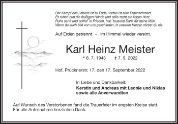 Traueranzeige von Karl Heinz Meister von Frankenpost