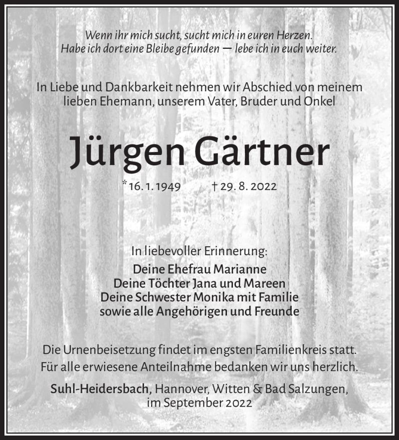 Traueranzeigen von Jürgen Gärtner frankengedenkt.de