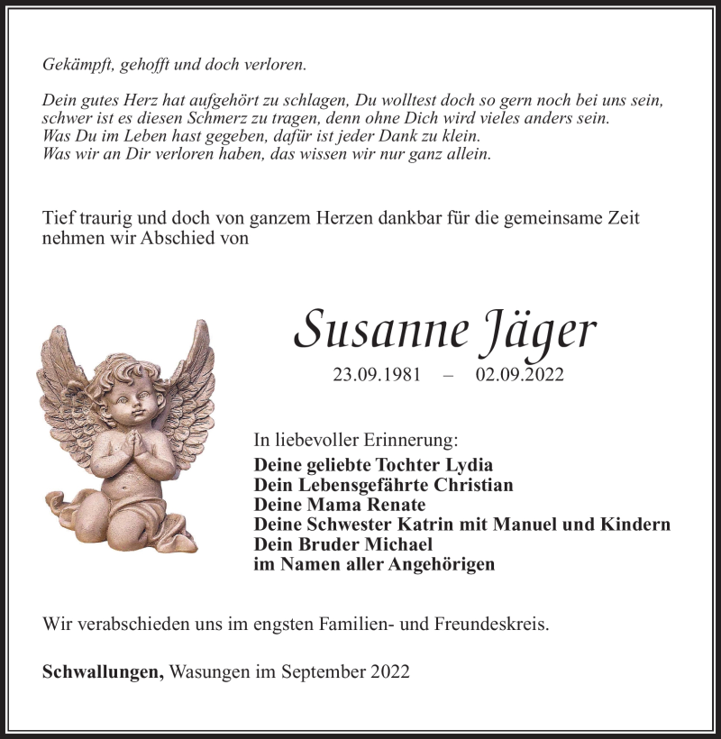 Traueranzeige für Susanne Jäger vom 10.09.2022 aus Südthüringer Presse