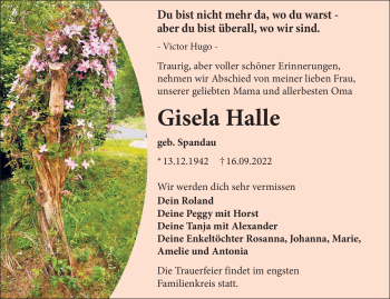 Traueranzeige von Gisela Halle von Südthüringer Presse