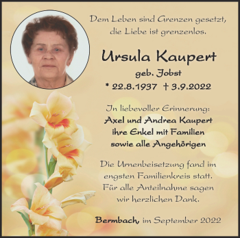 Traueranzeige von Ursula Kaupert von Südthüringer Presse
