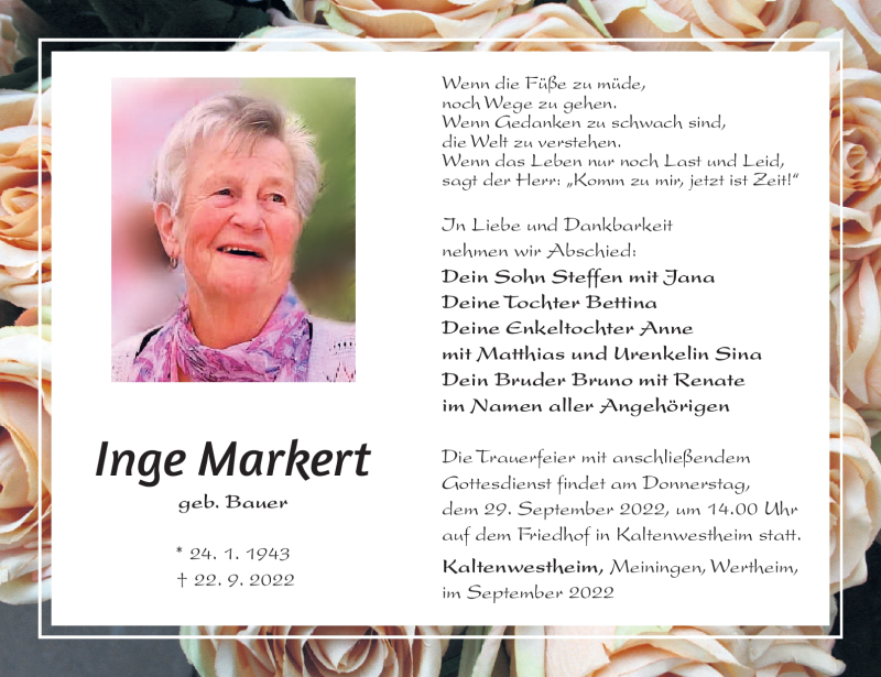  Traueranzeige für Inge Markert vom 27.09.2022 aus Südthüringer Presse
