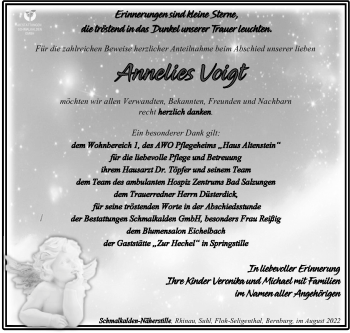 Traueranzeige von Annelies Voigt von Südthüringer Presse