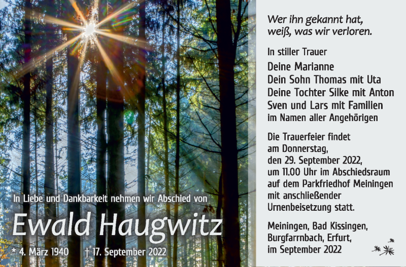  Traueranzeige für Ewald Haugwitz vom 24.09.2022 aus Südthüringer Presse