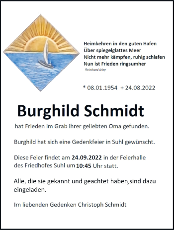 Traueranzeige von Brunhilde Schmidt von Südthüringer Presse