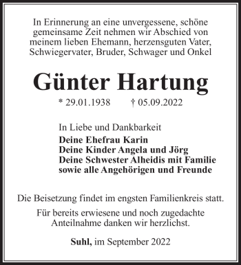 Traueranzeige von Günter Hartung von Südthüringer Presse