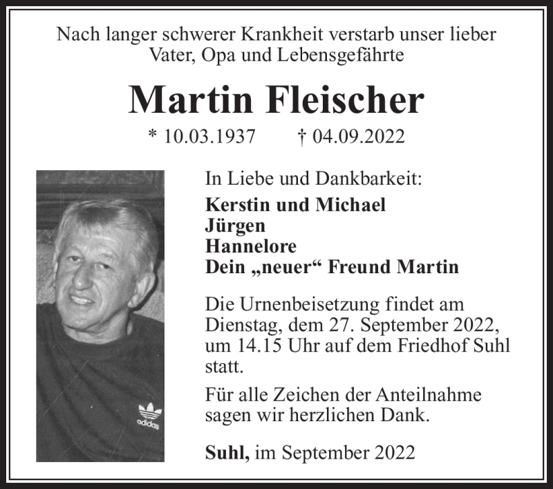  Traueranzeige für Martin Fleischer vom 17.09.2022 aus Südthüringer Presse