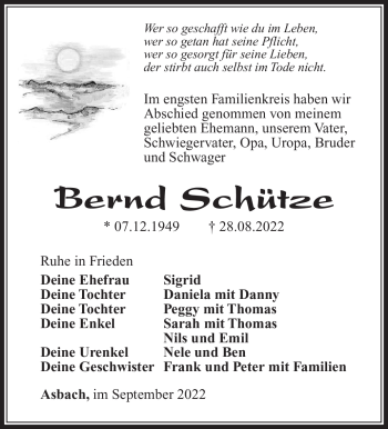 Traueranzeige von Bernd Schütze von Südthüringer Presse