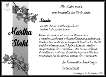 Traueranzeige von Martha Stahl von Südthüringer Presse