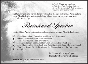 Traueranzeige von Reinhard Sperber von Südthüringer Presse