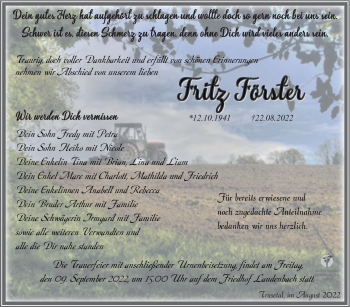 Traueranzeige von Fritz Förster von Südthüringer Presse