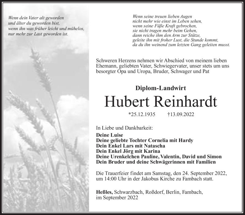  Traueranzeige für Hubert Reinhardt vom 22.09.2022 aus Südthüringer Presse