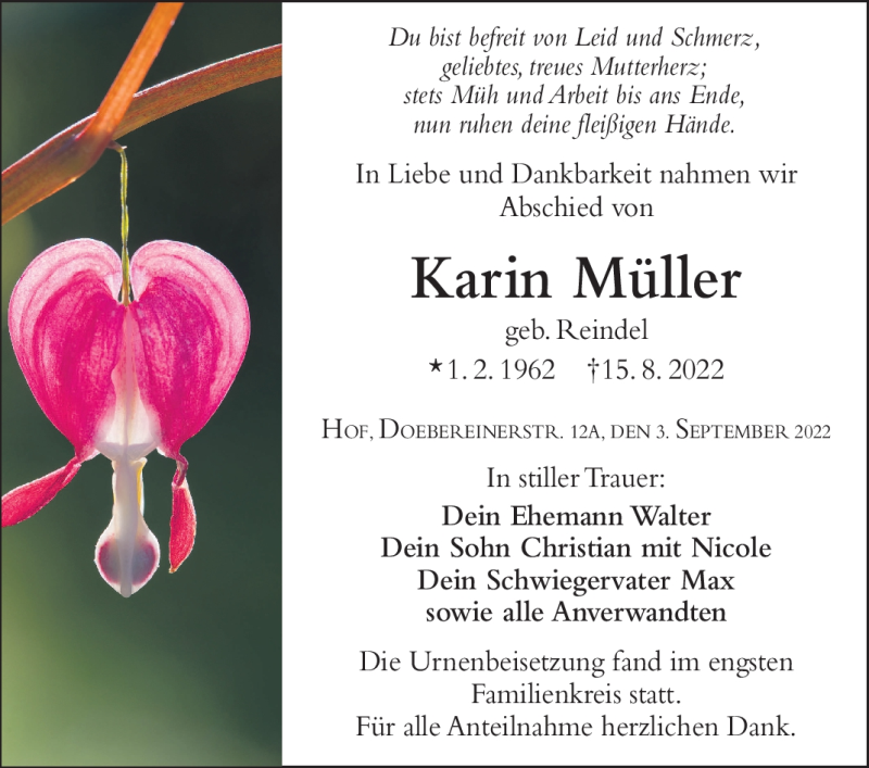  Traueranzeige für Karin Müller vom 03.09.2022 aus Frankenpost