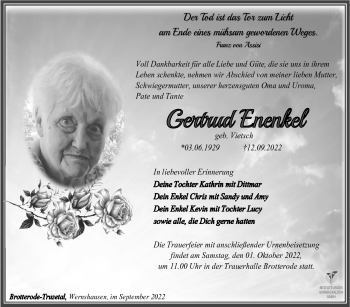 Traueranzeige von Gertrud Enenkel von Südthüringer Presse