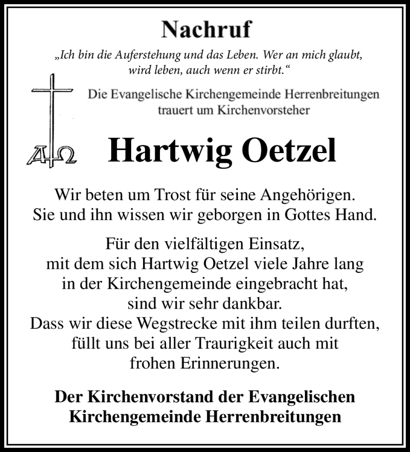  Traueranzeige für Hartwig Oetzel vom 23.09.2022 aus Südthüringer Presse