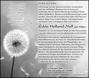 Traueranzeige von Edda Holland-Nell von Südthüringer Presse
