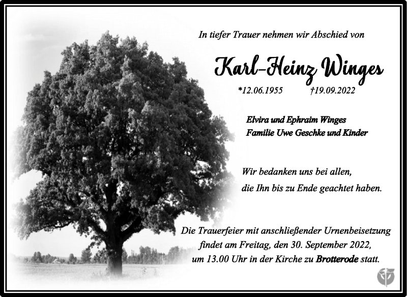  Traueranzeige für Karl-Heinz Winges vom 28.09.2022 aus Südthüringer Presse