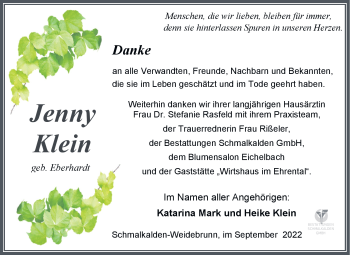 Traueranzeige von Jenny Klein von Südthüringer Presse