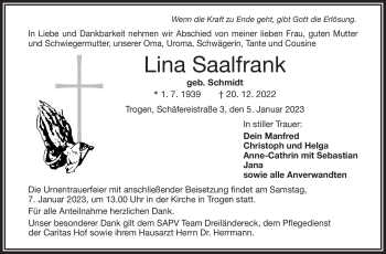 Traueranzeige von Lina Saalfrank von Frankenpost