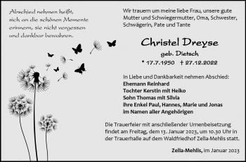 Traueranzeige von Christel Dreyse von Südthüringer Presse