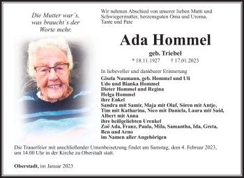 Traueranzeige von Ada Hommel von Südthüringer Presse