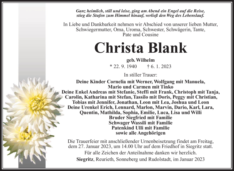  Traueranzeige für Christa Blank vom 14.01.2023 aus Südthüringer Presse