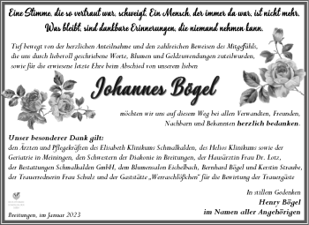 Traueranzeige von Johannes Bögel von Südthüringer Presse