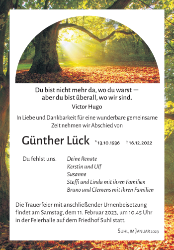 Traueranzeige von Günther Lück von Südthüringer Presse