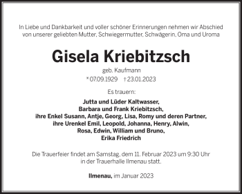 Traueranzeige von Gisela Kriebitzsch von Südthüringer Presse