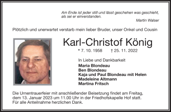 Traueranzeige von Karl-Christof König von Frankenpost