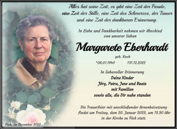 Traueranzeige von Margarete Eberhardt von Südthüringer Presse