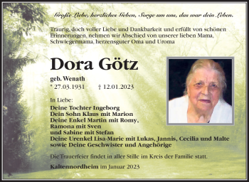 Traueranzeige von Dora Götz von Südthüringer Presse