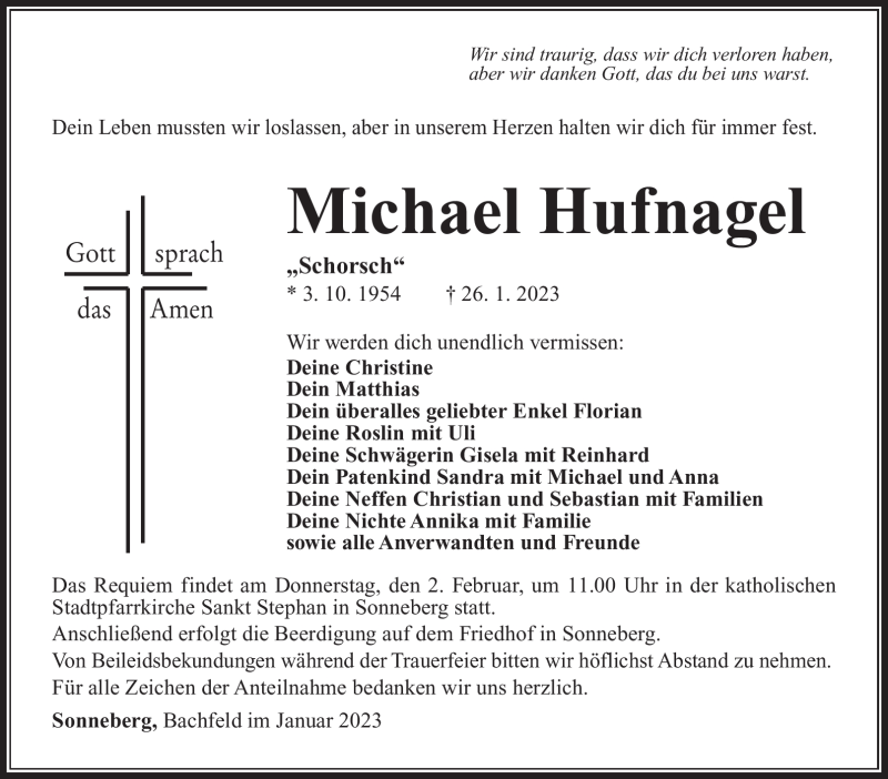  Traueranzeige für Michael Hufnagel vom 31.01.2023 aus Südthüringer Presse