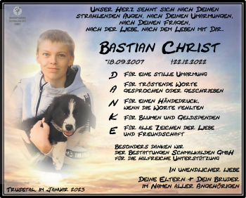 Traueranzeige von Bastian Christ von Südthüringer Presse