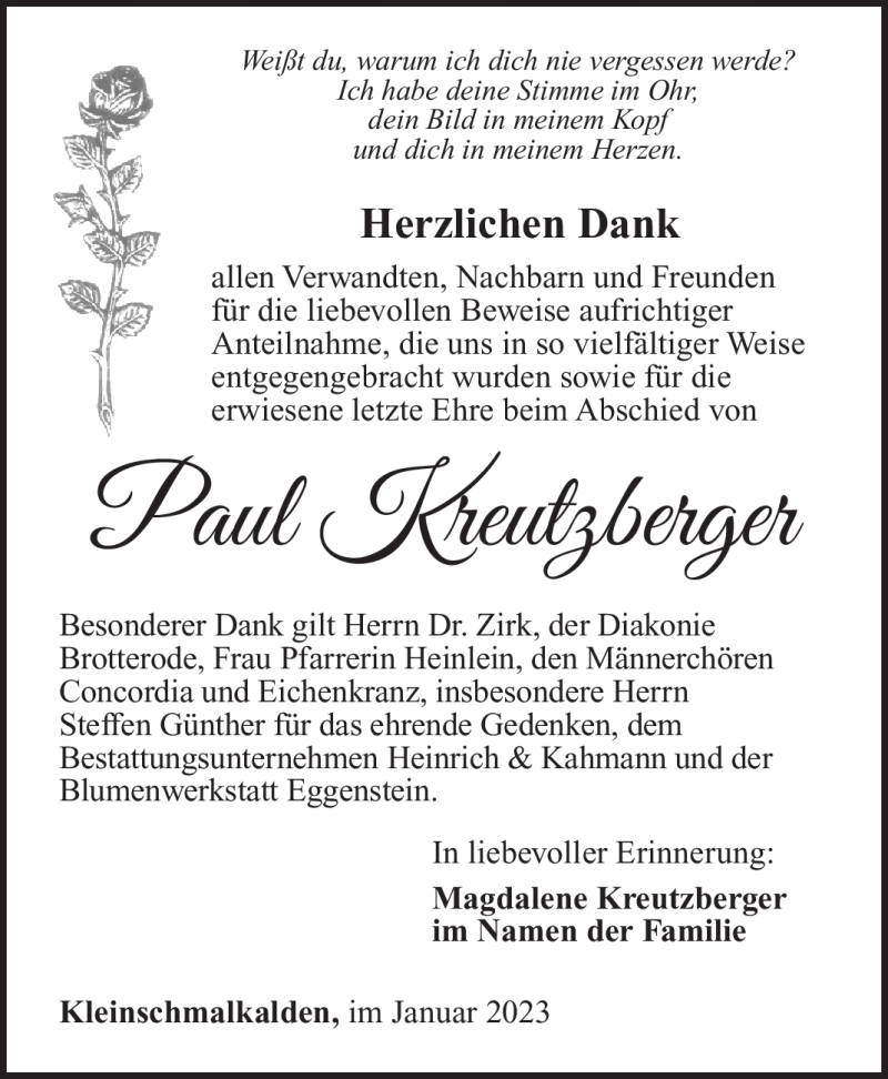  Traueranzeige für Paul Kreutzberger vom 14.01.2023 aus Südthüringer Presse