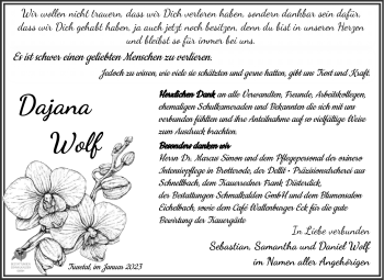 Traueranzeige von Dajana Wolf von Südthüringer Presse