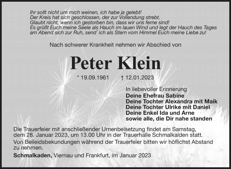  Traueranzeige für Peter Klein vom 18.01.2023 aus Südthüringer Presse
