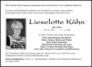 Traueranzeige von Lieselotte Kühn von Südthüringer Presse