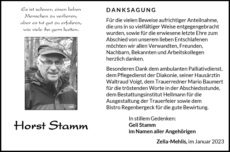  Traueranzeige für Horst Stamm vom 21.01.2023 aus Südthüringer Presse