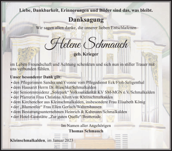 Traueranzeige von Helene Schmauch von Südthüringer Presse