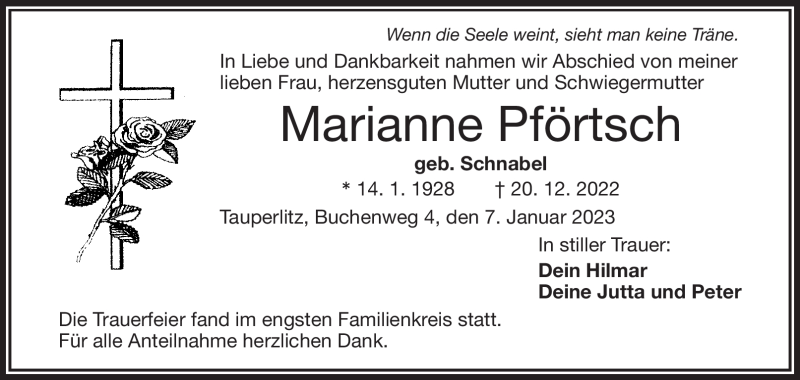  Traueranzeige für Marianne Pförtsch vom 07.01.2023 aus Frankenpost